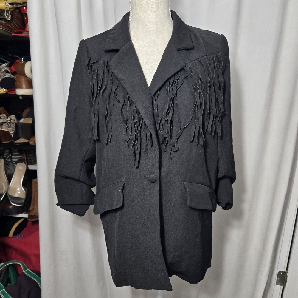 Strut & Bolt Black Fringe 3/4 Sleeve Blazer Jacket Sz Small Black